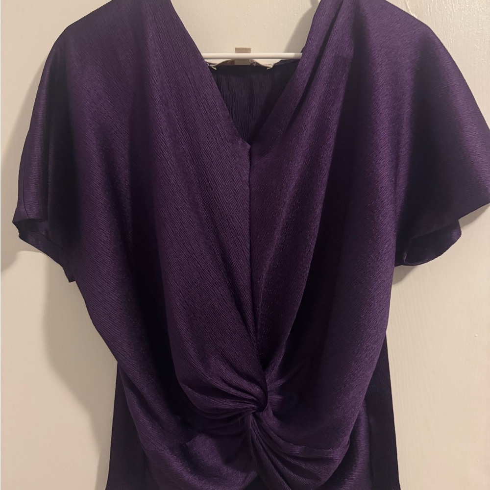 Elegant Purple Blouse with Tie Front and Flutter Sleeves
